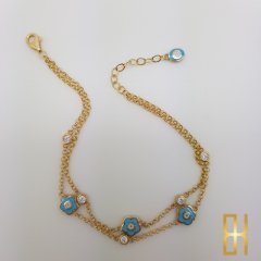 Mineli Çiçekli Çift Zincirli 14 Ayar Altın Bileklik