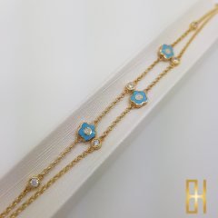 Mineli Çiçekli Çift Zincirli 14 Ayar Altın Bileklik