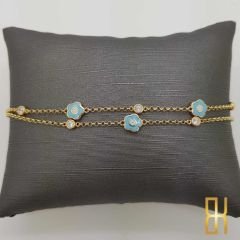 Mineli Çiçekli Çift Zincirli 14 Ayar Altın Bileklik