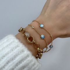 Mineli Çiçekli Çift Zincirli 14 Ayar Altın Bileklik