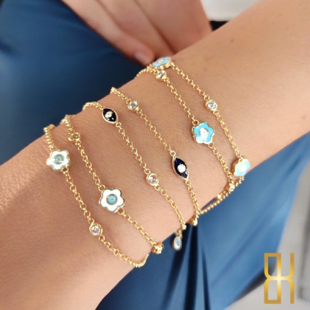 Mineli Çiçekli Çift Zincirli 14 Ayar Altın Bileklik