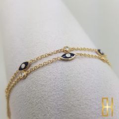 Göz Nazar Boncuk-Taşlı Çift Zincirli 14 Ayar Altın Bileklik