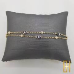 Göz Nazar Boncuk-Taşlı Çift Zincirli 14 Ayar Altın Bileklik