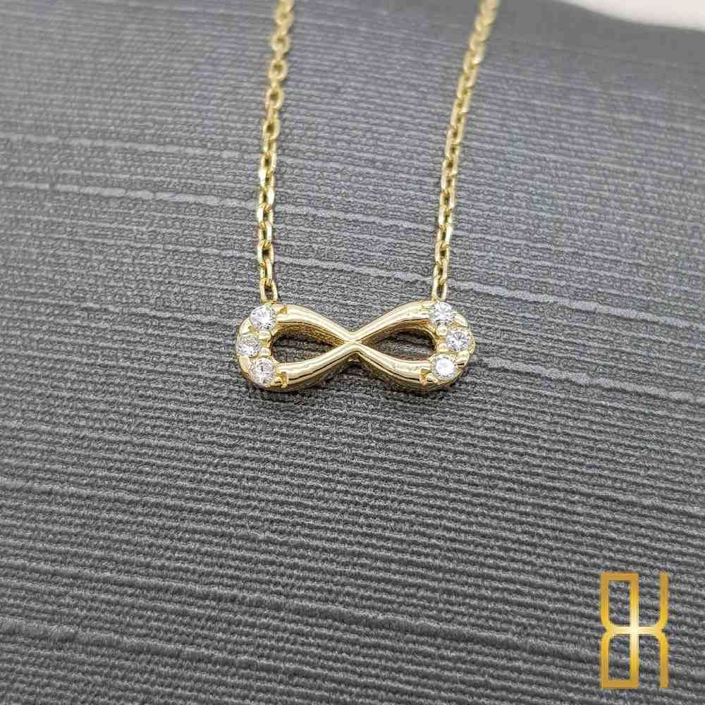 Taşlı Sonsuzluk Detaylı Altın Kolye 14 Ayar