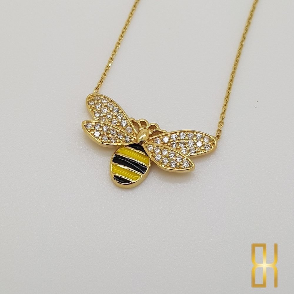 Taşlı Mineli Arı Figür Altın Kolye - 14 Ayar