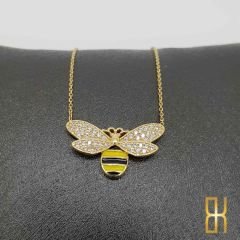 Taşlı Mineli Arı Figür Altın Kolye - 14 Ayar