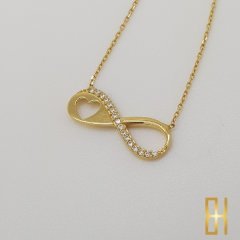 Taşlı Kalpli Sonsuzluk Kolyesi - 14 Ayar Altın