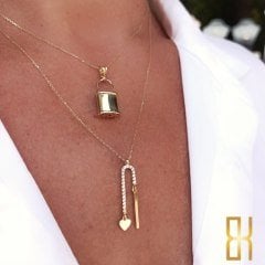 Taşlı Kalp ve Çubuk Detaylı Altın Kolye 14 Ayar