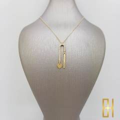 Taşlı Kalp ve Çubuk Detaylı Altın Kolye 14 Ayar