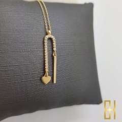 Taşlı Kalp ve Çubuk Detaylı Altın Kolye 14 Ayar