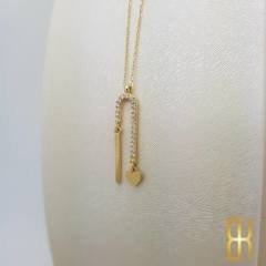 Taşlı Kalp ve Çubuk Detaylı Altın Kolye 14 Ayar