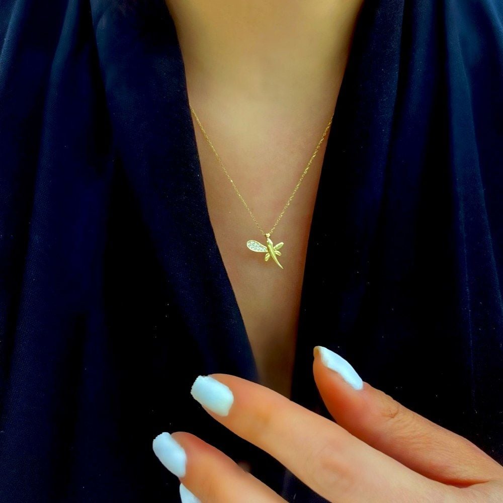 Taşlı Yusufçuk Kolye - 14 Ayar Altın