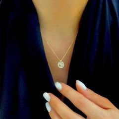 Taşlı Kalpli Halka Kolye 14 Ayar Altın