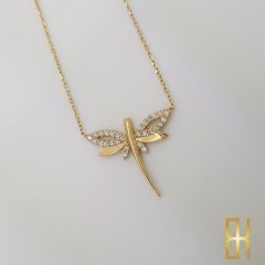 Cam Taşlı Yusufçuk Kolye Sarı Altın