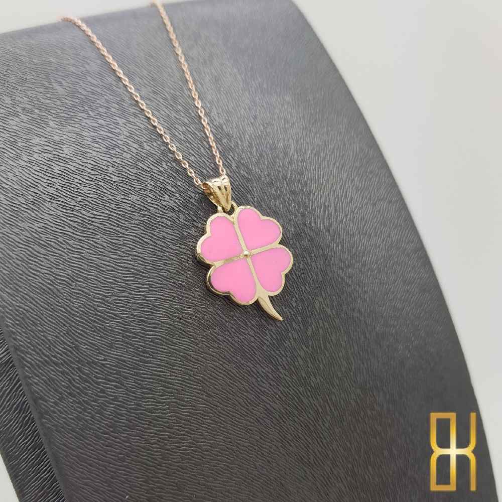 Renkli Yonca Kolye Ucu 14 Ayar Altın Pembe Mineli