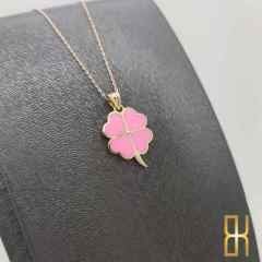 Renkli Yonca Kolye Ucu 14 Ayar Altın Pembe Mineli