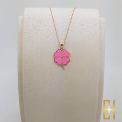 Renkli Yonca Kolye Ucu 14 Ayar Altın Pembe Mineli