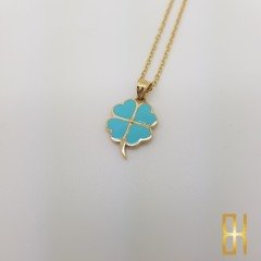 Renkli Yonca Kolye Ucu 14 Ayar Altın Turkuaz Mineli Orta