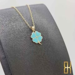 Renkli Yonca Kolye Ucu 14 Ayar Altın Turkuaz Mineli Orta
