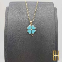 Renkli Yonca Kolye Ucu 14 Ayar Altın Turkuaz Mineli Orta