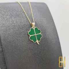 Renkli Yonca Kolye Ucu 14 Ayar Altın Yeşil Mineli