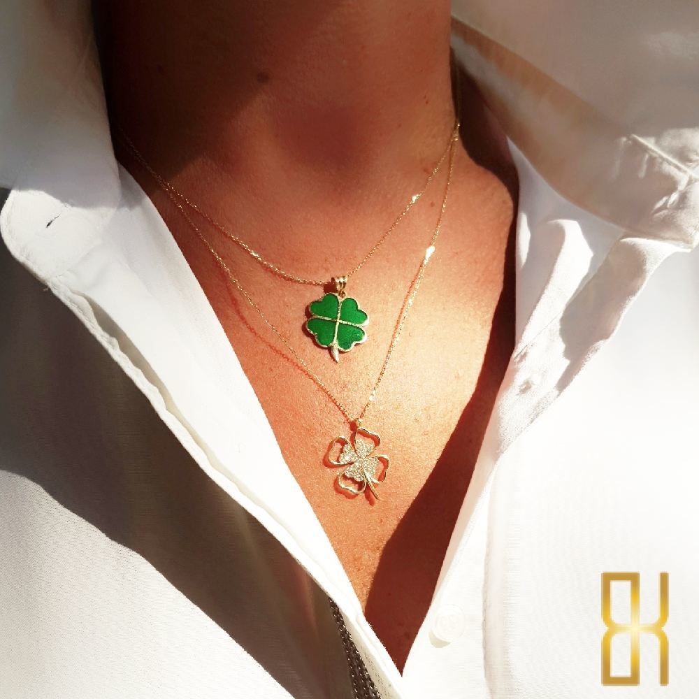 Renkli Yonca Kolye Ucu 14 Ayar Altın Yeşil Mineli