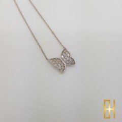 Taşlı Kelebek Kolye – 14 Ayar Beyaz Altın