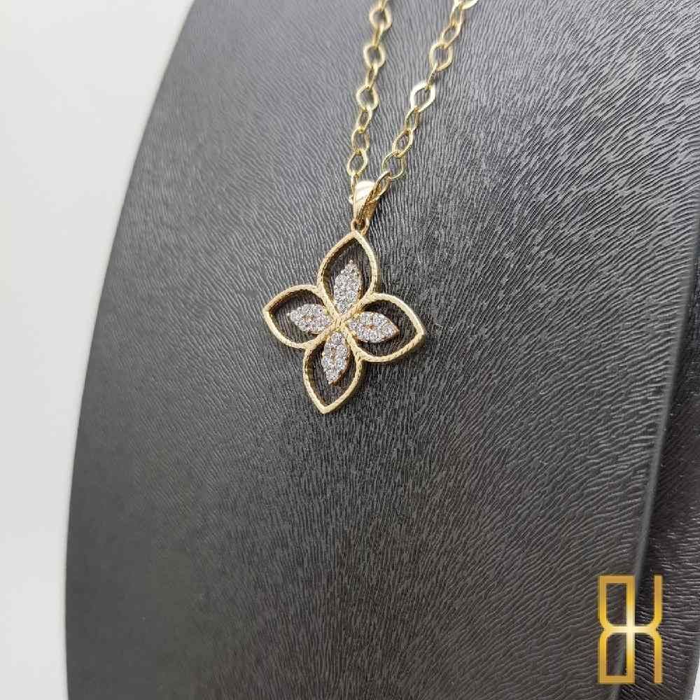 Taşlı Çerçeveli Yonca Kolye - 14 Ayar Altın