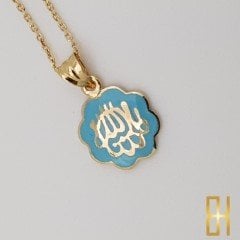 Allah Yazılı Kolye Ucu Altın Mavi Mineli