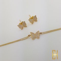 Taşlı Kelebek Küpe Sarı Altın