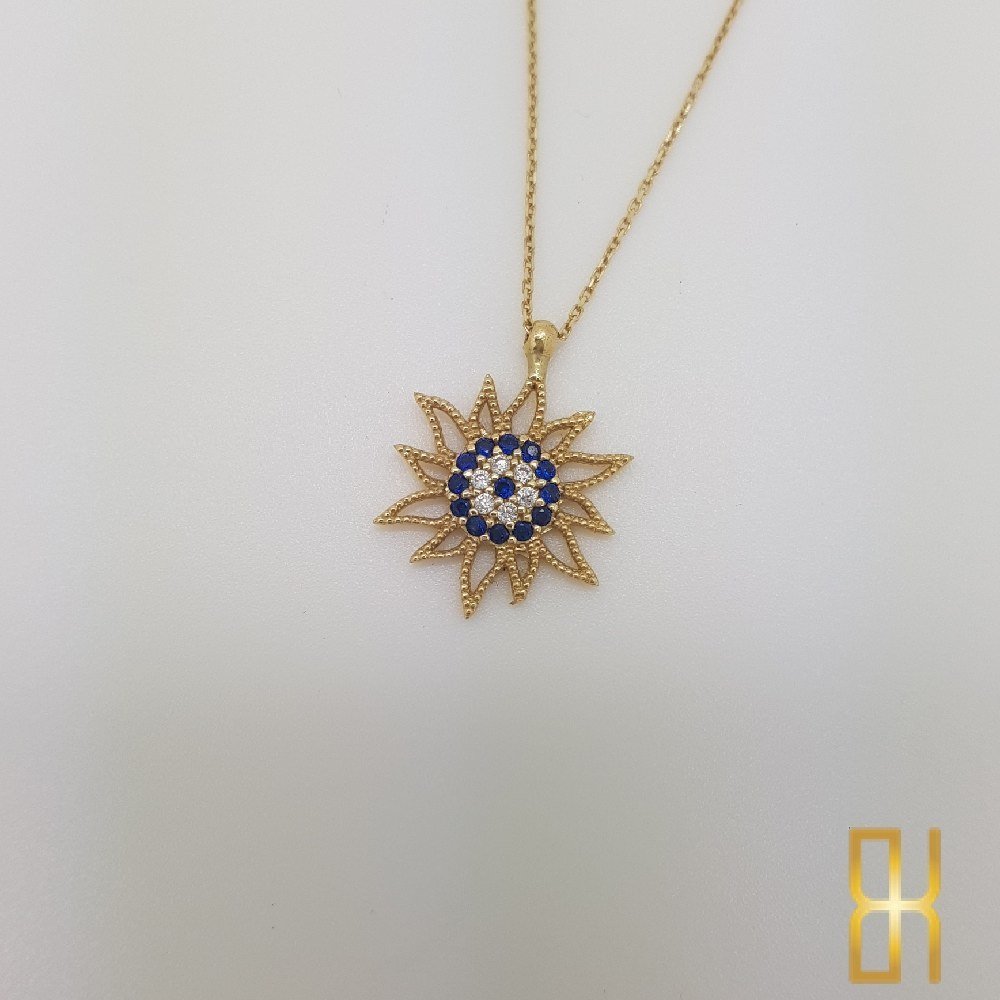 Renkli Taşlı Güneş Kolyesi Sarı Altın