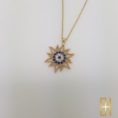 Renkli Taşlı Güneş Kolyesi Sarı Altın