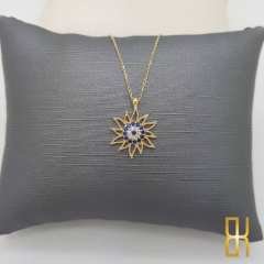 Renkli Taşlı Güneş Kolyesi Sarı Altın
