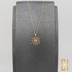 Renkli Taşlı Güneş Kolyesi Sarı Altın