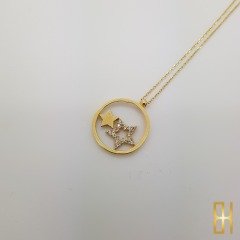 Taşlı Yıldızlı Halka Kolye Altın