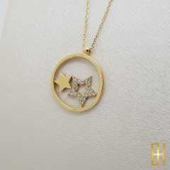 Taşlı Yıldızlı Halka Kolye Altın