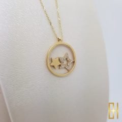 Taşlı Yıldızlı Halka Kolye Altın