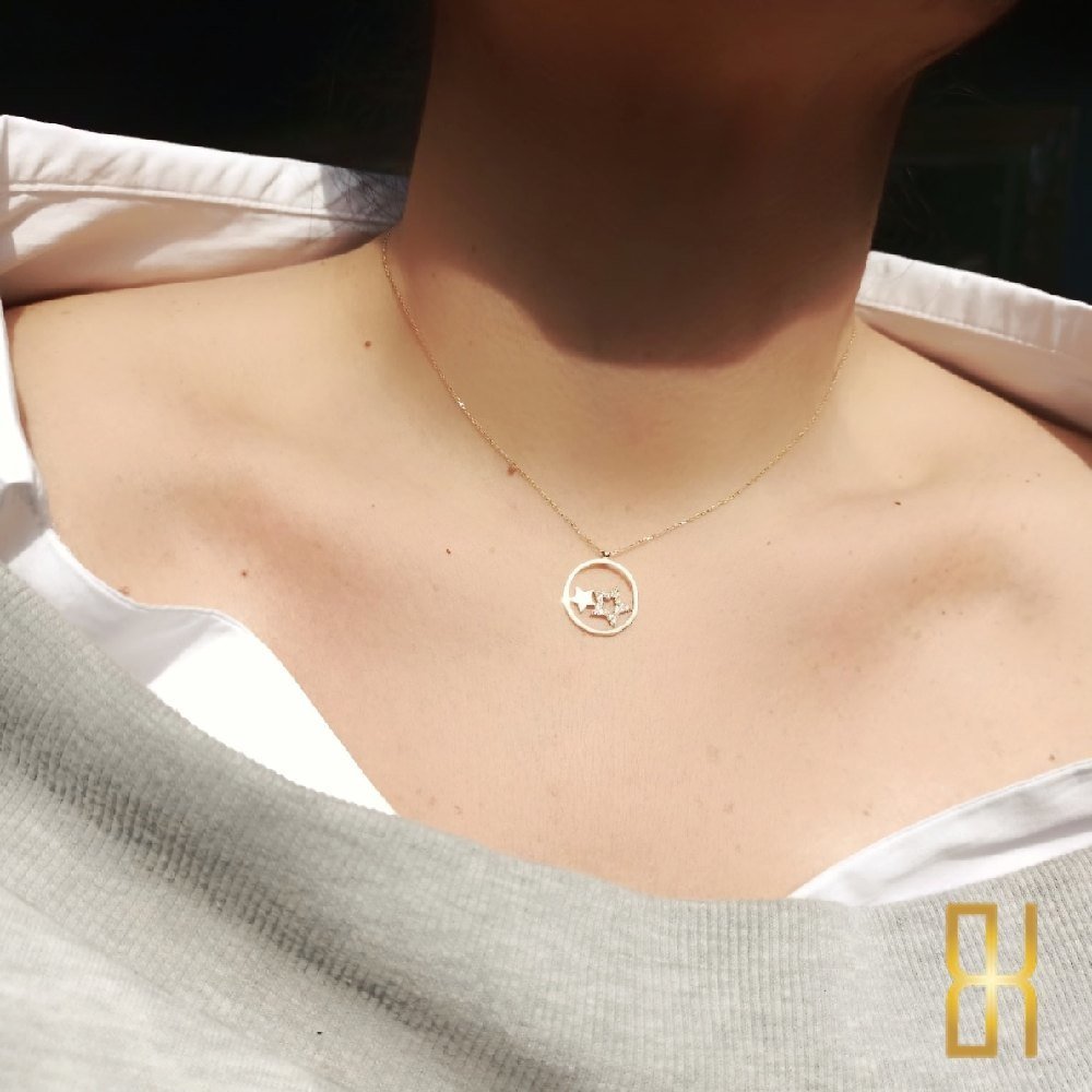 Taşlı Yıldızlı Halka Kolye Altın