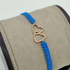 Şans Bilekliği Çift Kalp 14 Ayar Sarı Altın İpli Bileklik