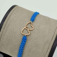 Şans Bilekliği Çift Kalp 14 Ayar Sarı Altın İpli Bileklik