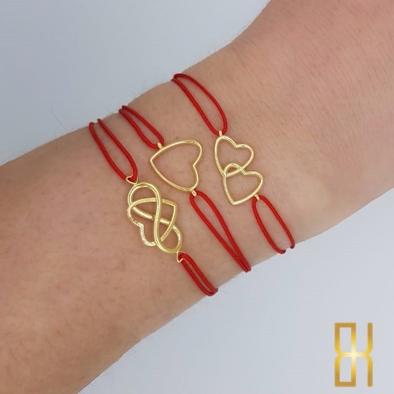 Şans Bilekliği Çift Kalp 14 Ayar Sarı Altın İpli Bileklik