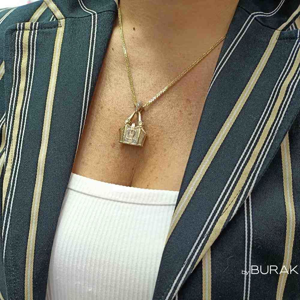 Taşlı Çanta Kolye Ucu 14 Ayar Altın