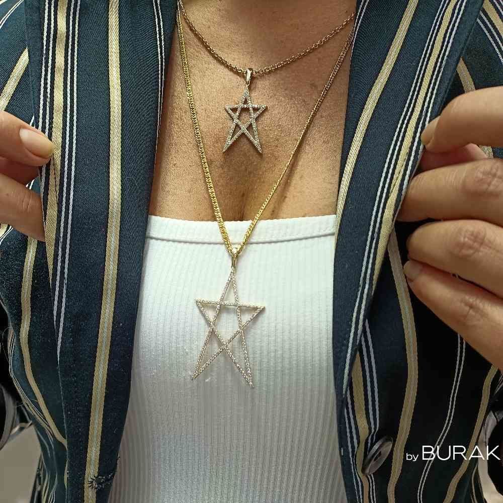 Taşlı Yıldız Kolye Ucu 14 Ayar Altın Orta Boy
