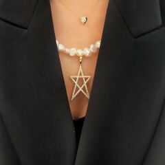 Taşlı Yıldız Kolye Ucu 14 Ayar Altın Orta Boy