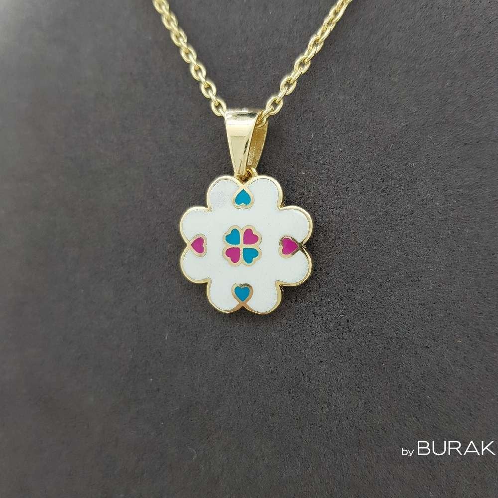 Kalp Desenli Yonca Kolye Ucu 14 Ayar Altın