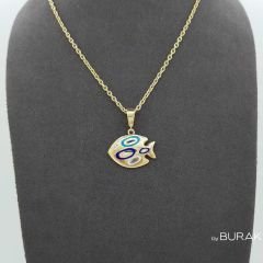 Renkli Mineli Taşlı Balık Kolye Ucu 14 Ayar Altın