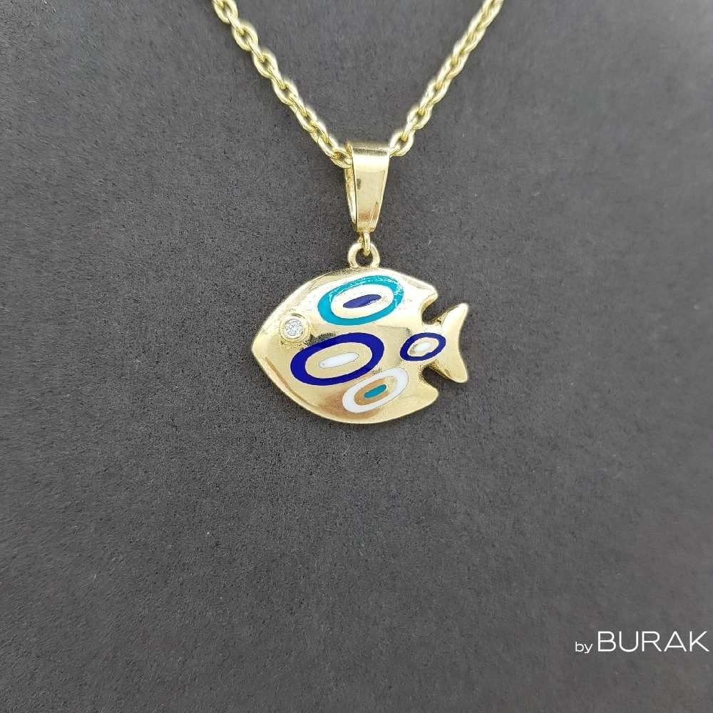 Renkli Mineli Taşlı Balık Kolye Ucu 14 Ayar Altın
