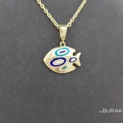 Renkli Mineli Taşlı Balık Kolye Ucu 14 Ayar Altın