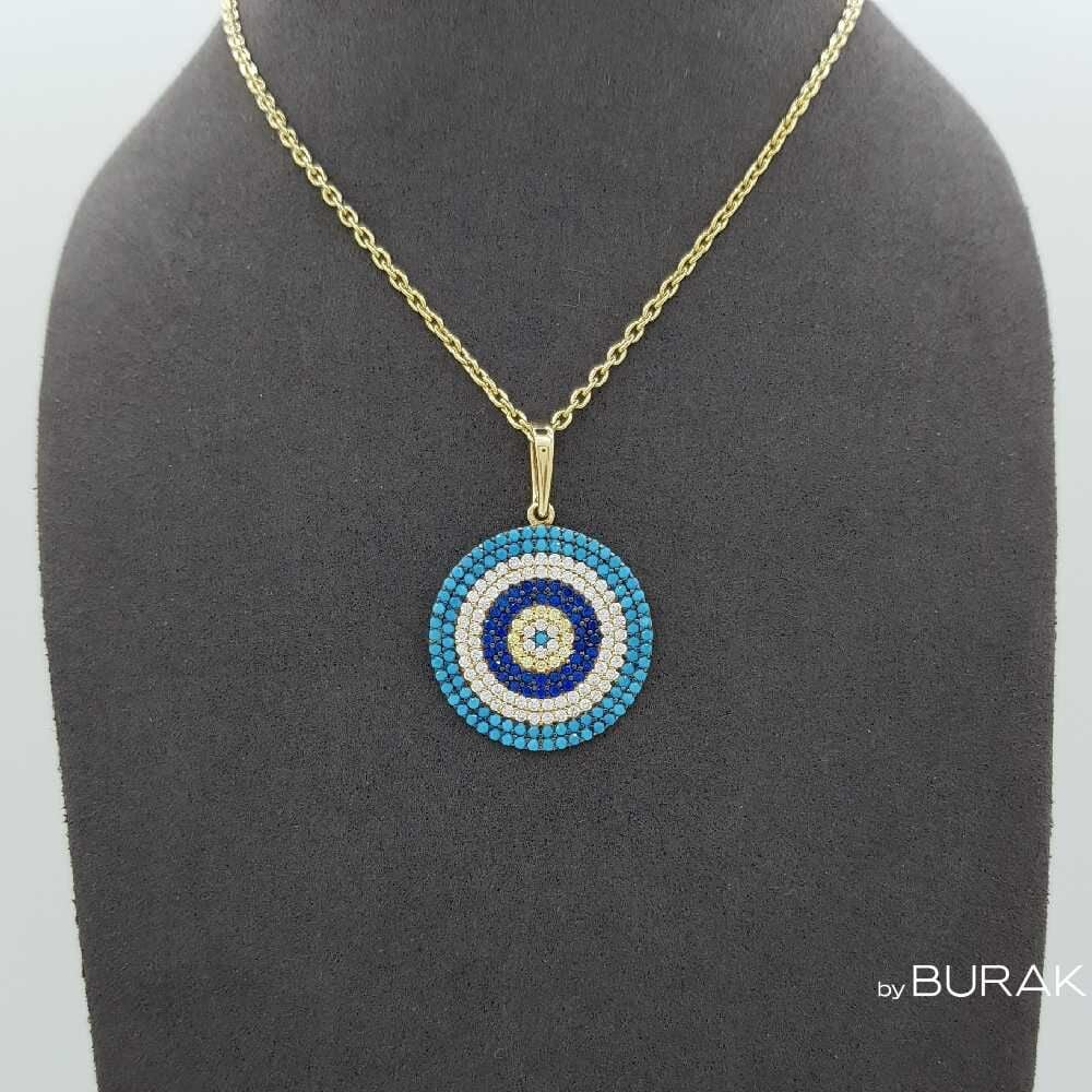 Taşlı Nazar Boncuk Kolye Ucu 14 Ayar Altın