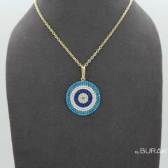 Taşlı Nazar Boncuk Kolye Ucu 14 Ayar Altın